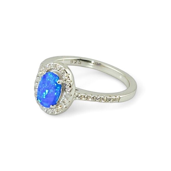 Sterling Silver 925 Blue Lab Opal and Clear CZ Oval Halo Ring - Picture 7 of 7
